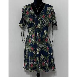 Md’M‎ Tropical Dress Hawaii Hibiscus Short Chiffon Blue Medium Sz 10 resort